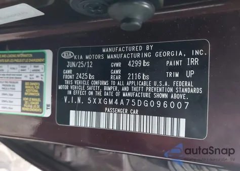 2013 Kia Optima Lx z USA, uszkodzony, nr VIN 5XXGM4A75DG096007